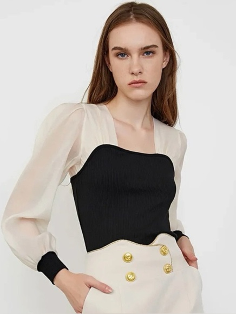 S Sheer Puff-Sleeve Contrast Bodice Top - Black & Cream